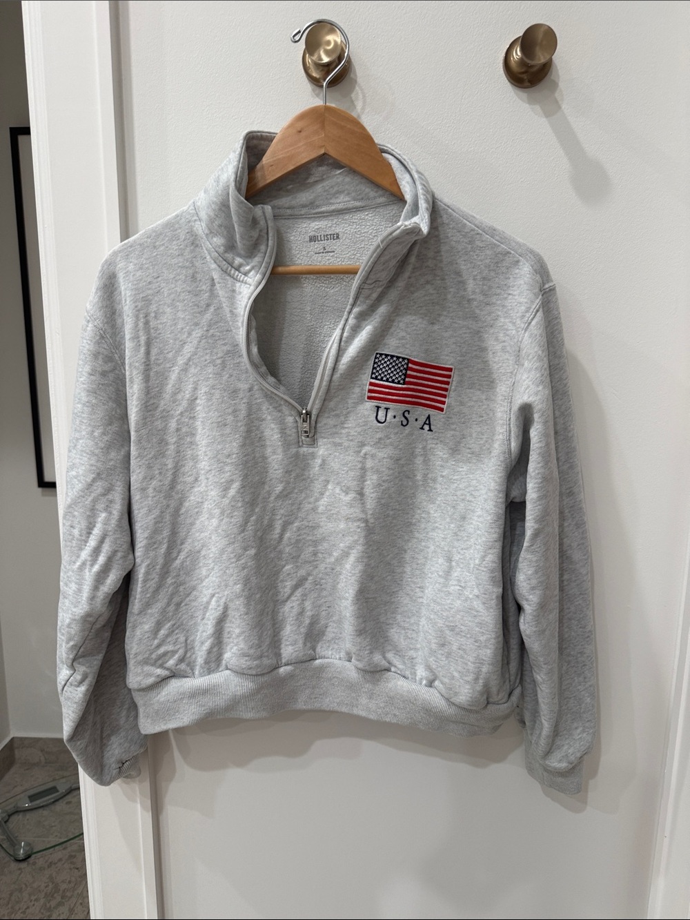 Hollister Light Gray Quarter-Zip Sweater with USA Flag